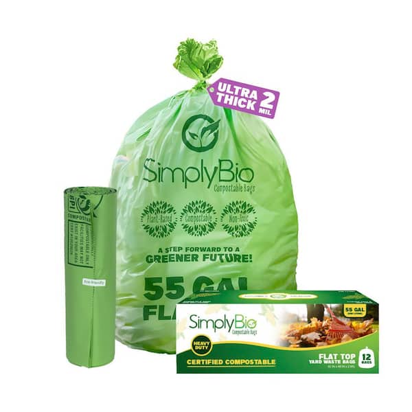 55 Gal. Compostable Trash Bags, Flat Top Heavy-Duty 2 mil Large Lawn and Yard Waste Bag, Leaf Bag (12-Count)