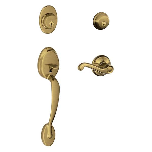 Schlage Plymouth Antique Brass Double Cylinder Deadbolt with Right Handed Flair Lever Door Handleset