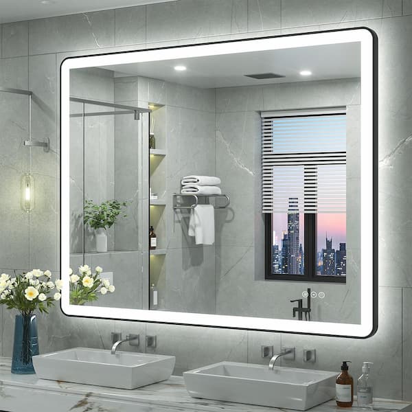 Apmir 48 in. W x 40 in. H Rectangular Framed Front & Back LED Lighted Anti-Fog Wall Bathroom Vanity Mirror in Tempered Glass