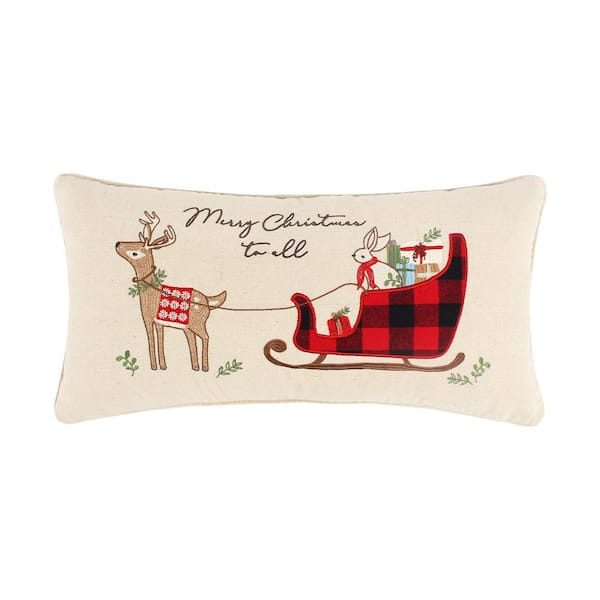 LEVTEX HOME Home for Christmas Beige Plaid Sleigh Embroidered Applique 12 in. x 24 in. Throw Pillow L58620P B The Home Depot