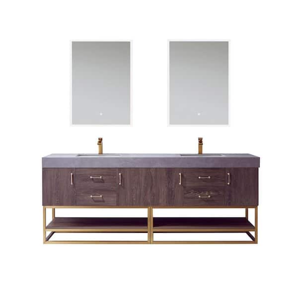 ROSWELL Alistair 84 in. W x 22 in. D x 34 in. H Double Sink Bath Vanity in North Carolina Oak W/Grey Sintered Stone Top & Mirror