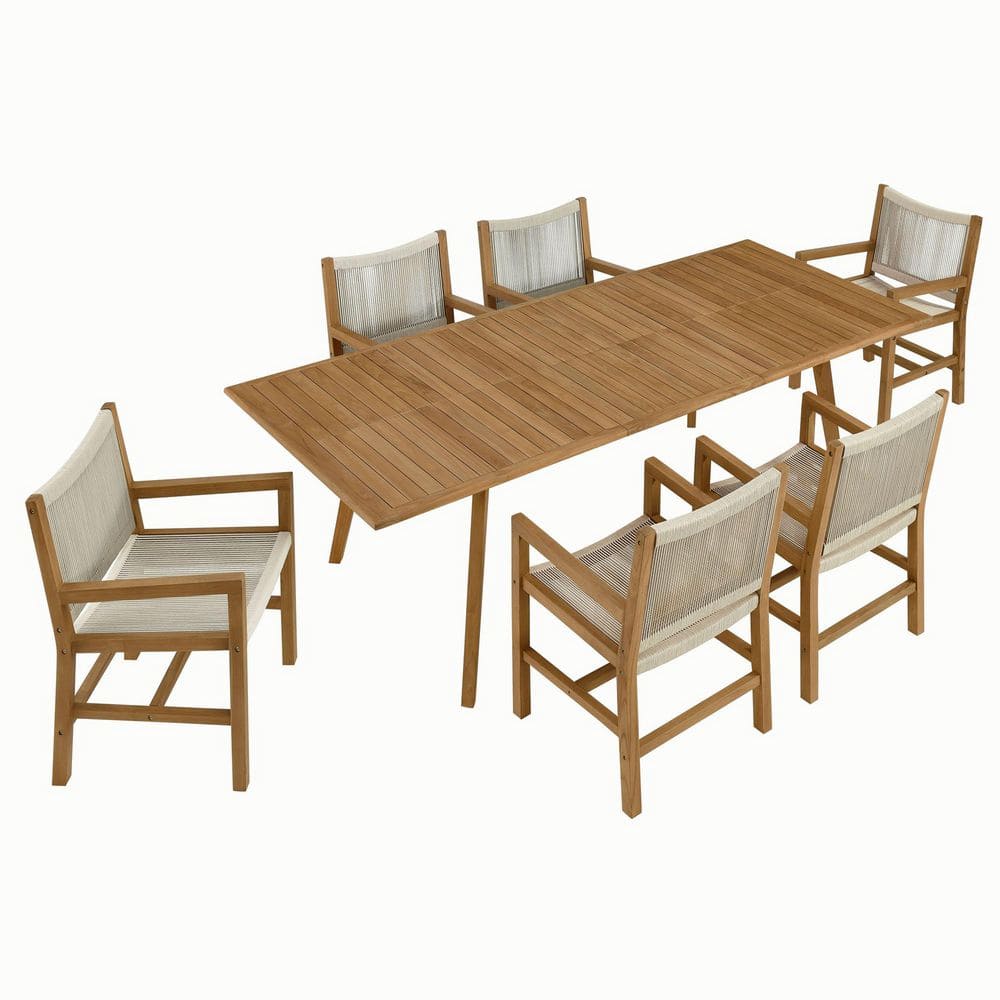 Vienna 7-Piece Outdoor Patio Teak and Rope Dining Set with Armchairs in Natural Natural