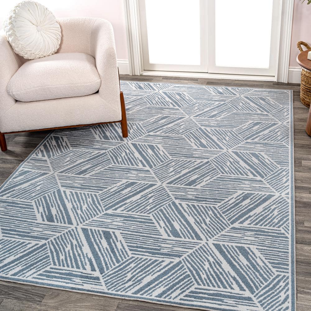 Blue and Cream Geometric Machine-Washable 4' x 6' Area Rug