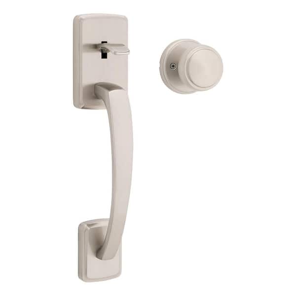 Kwikset Brentford Satin Nickel Exterior Grip Door Handleset with Sora Door Knob with Microban Antimicrobial Technology