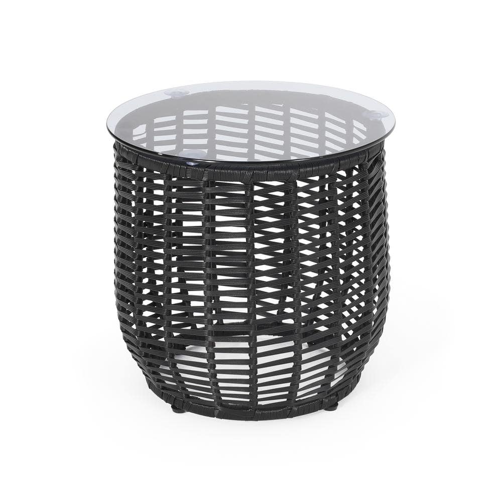 Boho Chic Black Iron Round Outdoor End Table with Glass Top