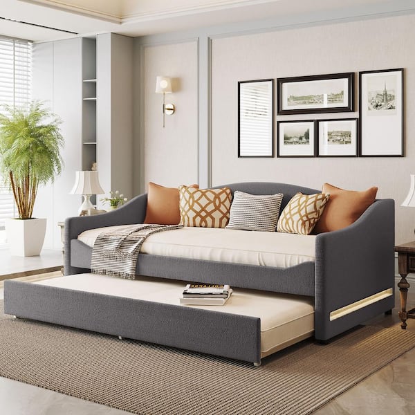 Harper & Bright Designs Gray Wood Frame Twin Size Teddy Fleece Upholstered Daybed with LED Lights, Twin Size Trundle