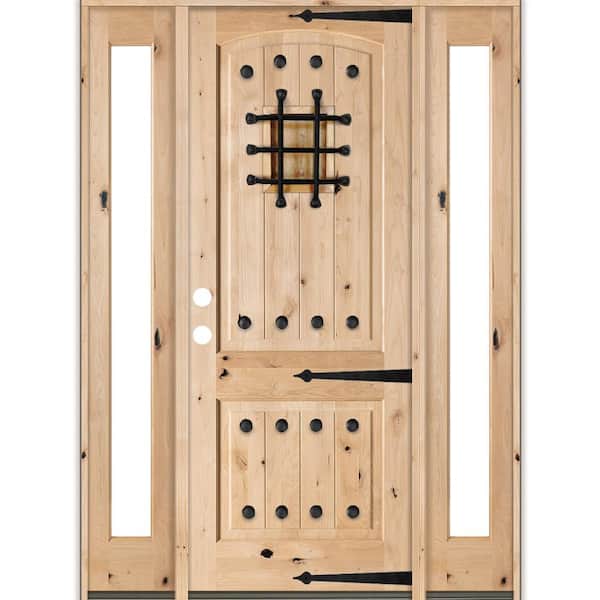 70 in. x 96 in. Mediterranean Knotty Alder Arch Unfinished Right-Hand Inswing Prehung Front Door with Full Sidelites