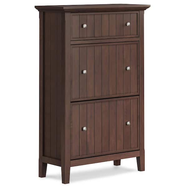 Simpli Home Acadian Solid Wood 32 in. Wide Transitional Entryway Shoe Storage Cabinet in Brunette Brown