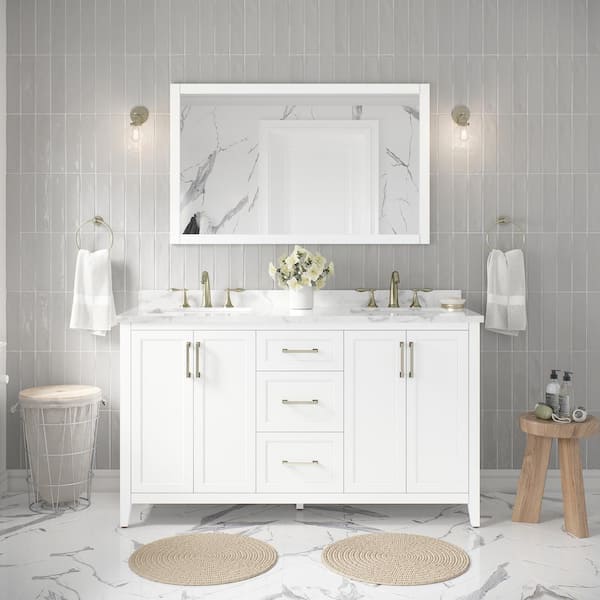 Home Decorators Collection Madsen 60 in. W x 22 in. D x 34 in. H Double Sink Bath Vanity in White with White Engineered Marble Top