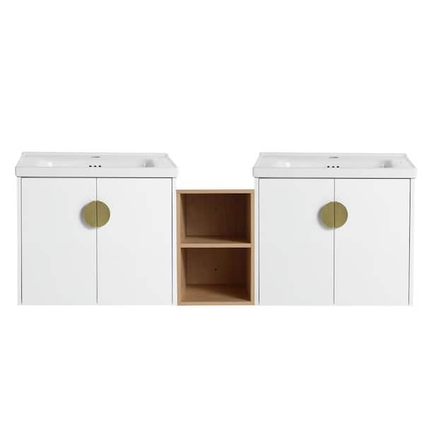 TCYO 60 in. W x 19 in. D x 21 in. H Wall Mounted Bath Vanity in Gloss White with White Ceramic Top