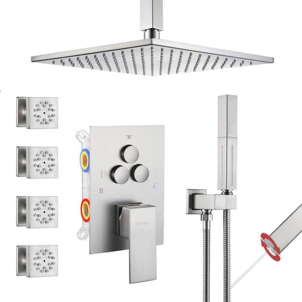 Luxury Rainfall Single Handle 2-Spray Shower Faucet 1.8 GPM with Push Button Diverter and 4Body Jets in Brushed Nickel