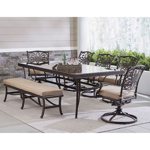 Hanover Traditions 7-Piece Aluminum Outdoor Dining Set with Tan Cushions with 5 Swivel Rockers and Glass-Top Table