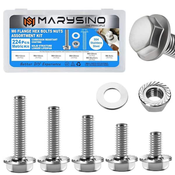 224-piece M6 Flanged Hex Head Bolt Kit with Washers, M6 Metric Bolt Assortment, 304 Stainless Steel Bolts and Nuts Kit