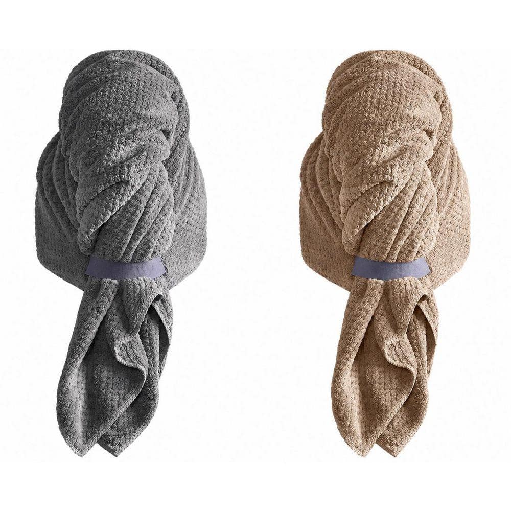 Gray Camel Microfiber Hair Towel Wrap 2 Pack Quick Dry Turban with Elastic Band for Curly and All Hair Types