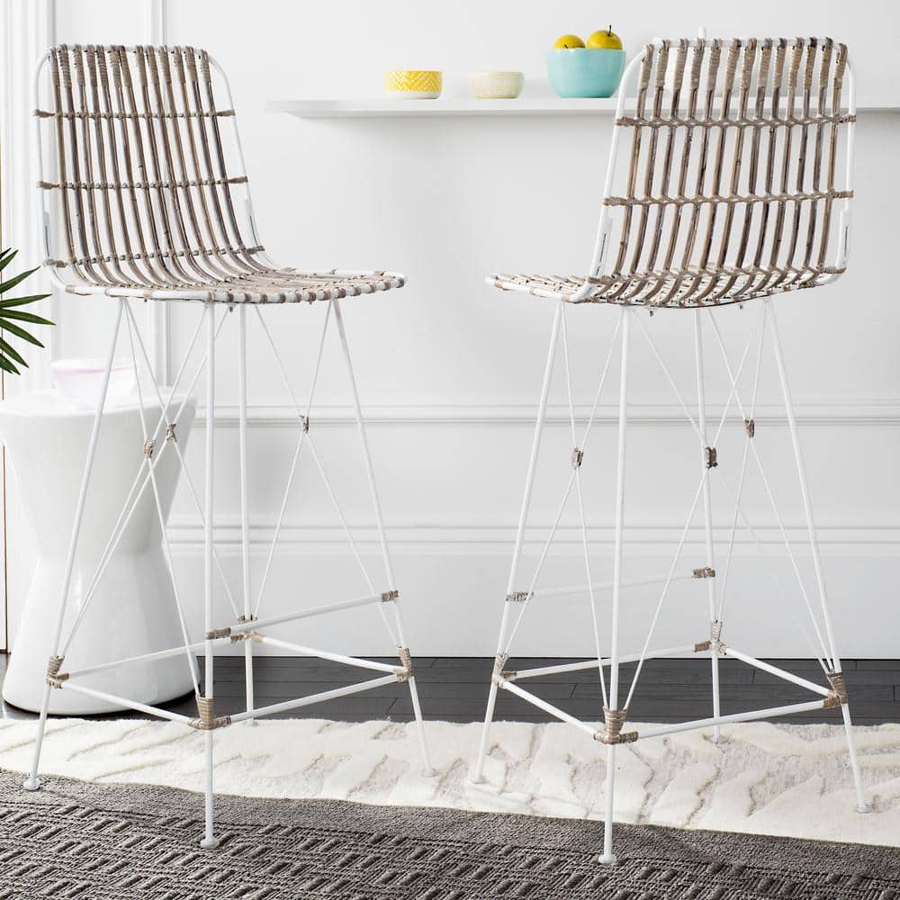 Minerva White Wicker and Metal Bar Stool Set of 2