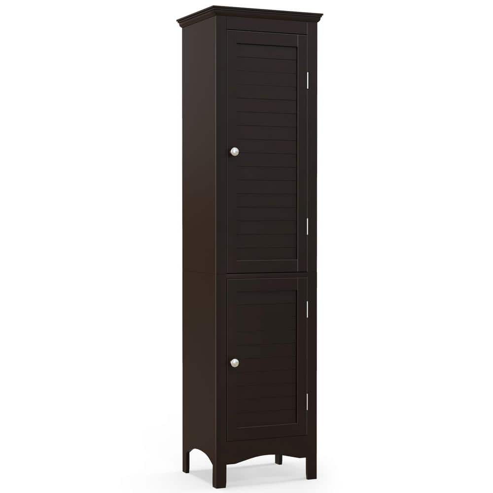 Costway 15 in. W x 13 in. D x 63 in. H Tall Brown Wood Bathroom Floor Linen with 2 Doors