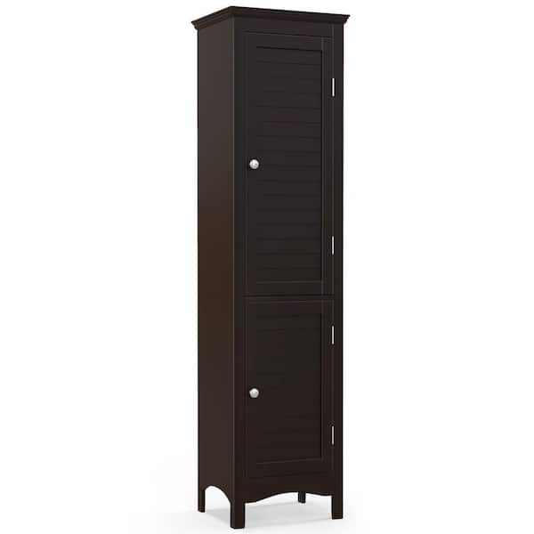 15 in. W x 13 in. D x 63 in. H Tall Brown Wood Bathroom Floor Linen Cabinet with 2 Doors and Adjustable Shelf