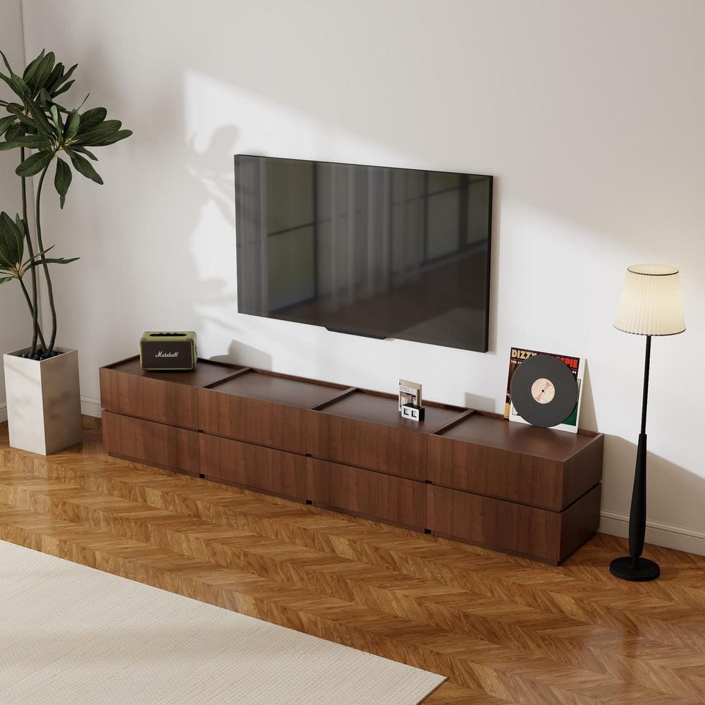 94 in. Brown TV Stand Storage Modular Entertainment Center Fits TV's up to 90 in. with 8-Drawers for Living Room