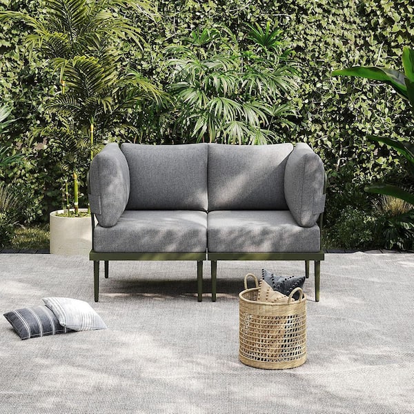AURA OUTDOOR 2 Piece Metal Outdoor Patio Conversation Set with 2-Corner Sofa, Conversation Chair with Grey Cushions and Green Frame