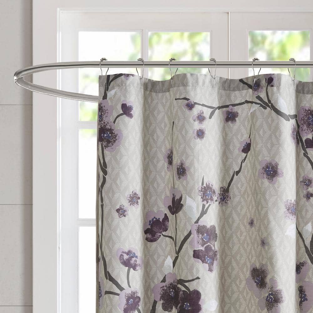 Holly 72" Grey and Purple Cotton Floral Shower Curtain