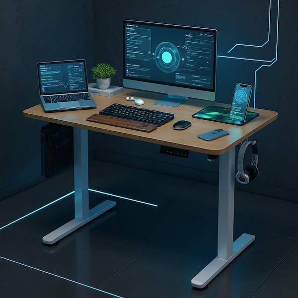 NPMASD 48 in. Blonde Natural Frame Frosted Pearl Top Electric Height Adjustable Standing Desk with Memory Presets