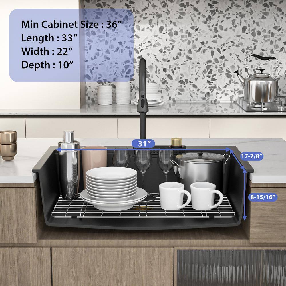 33" Matte Black Granite Composite Single Bowl Kitchen Sink with Pull Down Faucet