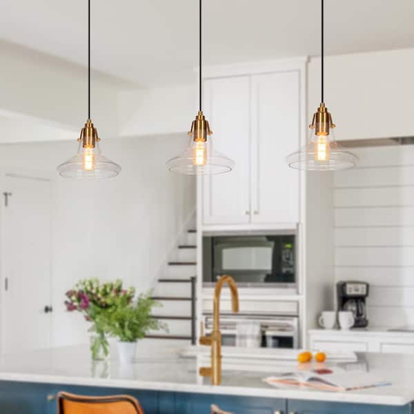 Modern 1-Light Plating Brass Pendant Light with Seeded Glass, Black Kitchen Island Hanging Light, Mini-Pendant Light
