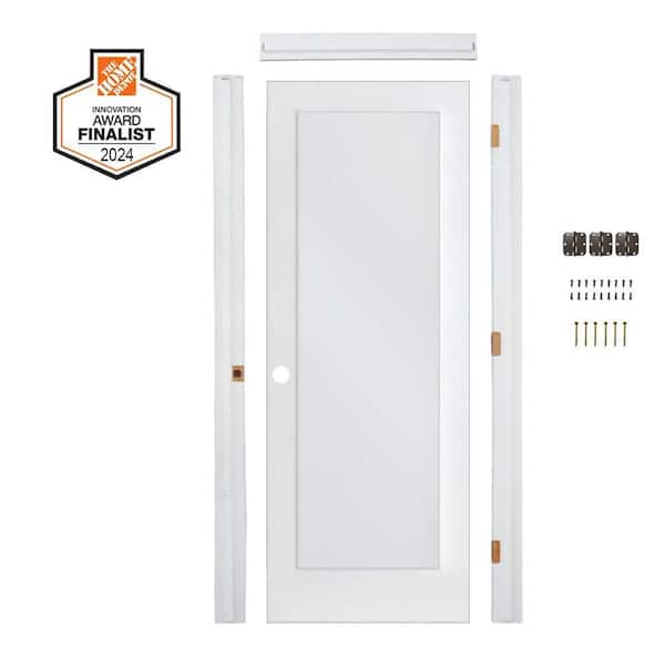 DIY 36in.x80in. 1-Lite Right-Hand Satin Etched Solid Core MDF Primed Wood Single Interior Door Kit w/Quick Assemble Jamb