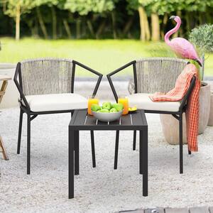 3-Piece Grey Wicker Stackable Outdoor Bistro Set with Coffee Table and Beige Cushions