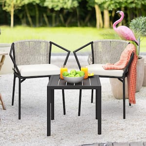 3-Piece Grey Wicker Stackable Outdoor Bistro Set with Coffee Table and Beige Cushions
