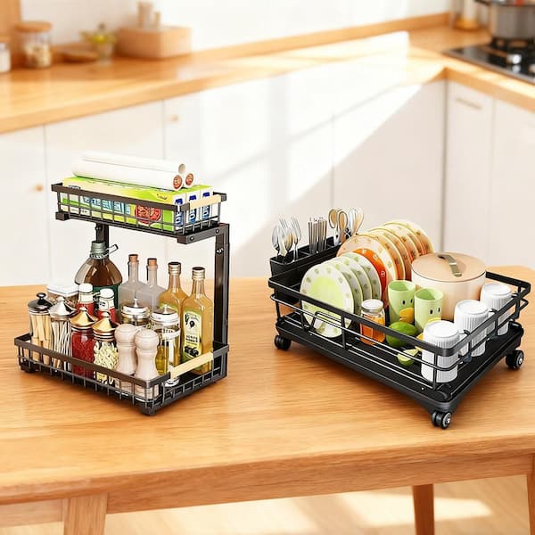 2-in-1 Kitchen Organizer: Dish Rack Plus Under Sink Pull-Out Shelf