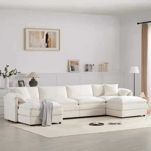 136 in. Pillow-Top Arm Chenille U-Shaped Modular Sectional Sofa in Cream with Double Cushions, Movable Ottomans