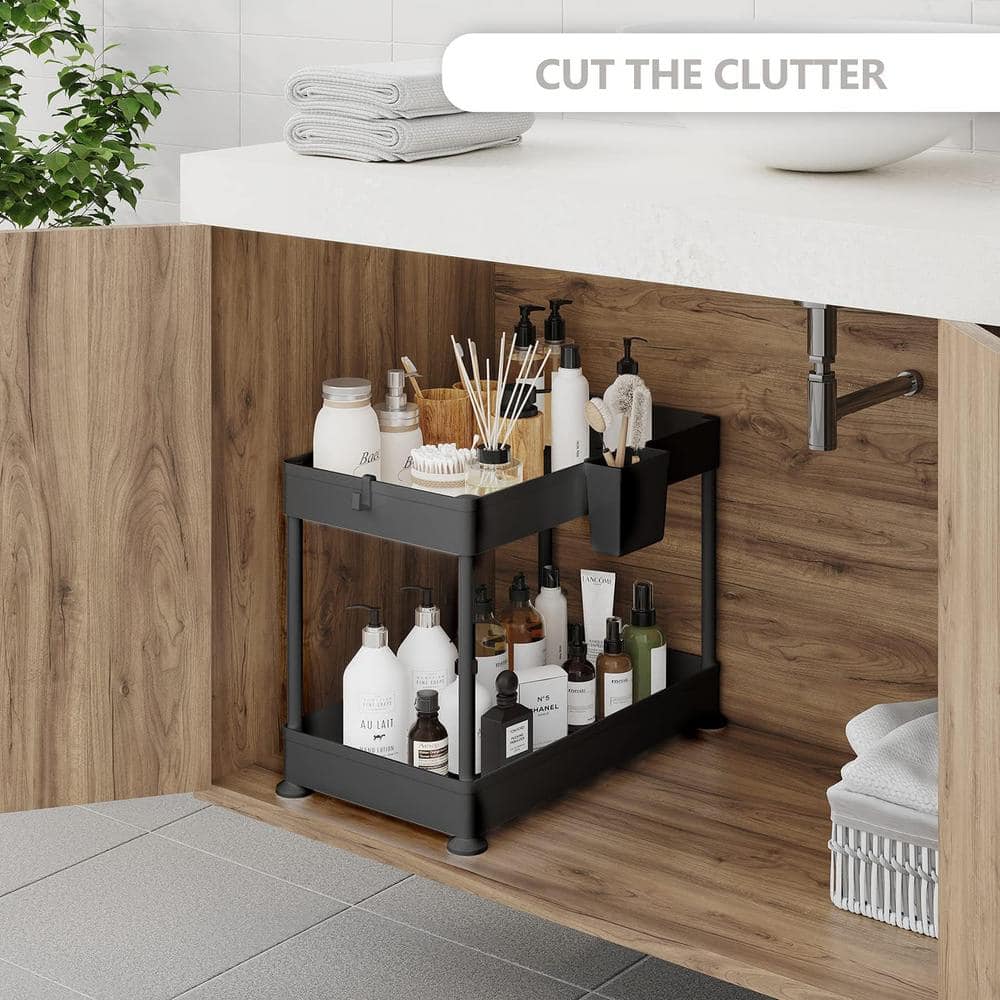 StorageBud Non-Slip Grip Kitchen Under Sink Organizer - Bathroom Cabinet Organizer with Side Caddy