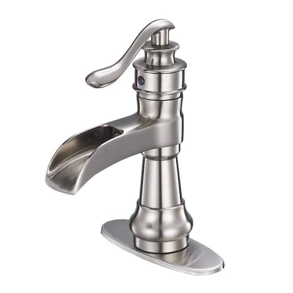 FLG Single Handle Single Hole Waterfall Bathroom Sink Faucet BrassBasin Taps with Deckplate Included in Brushed Nickel