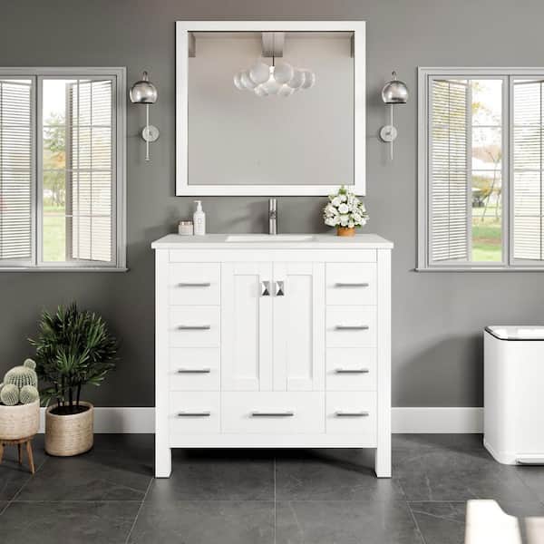 Hampton 36 in. Single Sink White Bath Vanity with White Carrara Marble Top (Assembled)