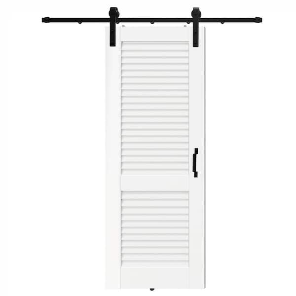 28 in. x 80 in. Louvered Panel Solid Core White Primed Pine Wood Sliding Barn Door Slab with Hardware Kit Set