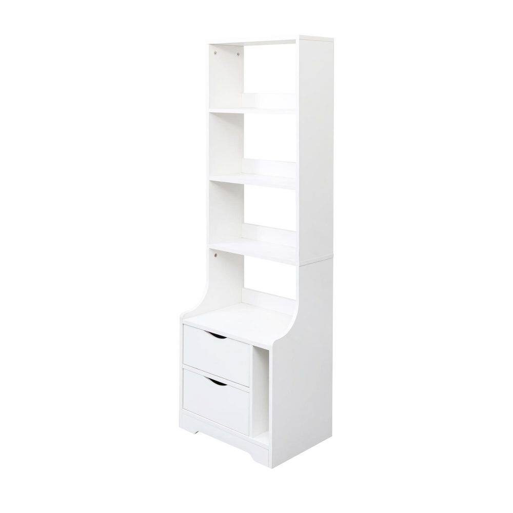 4-Tier White Pantry Cabinet, Freestanding Tall Bookshelf Night Stand with 2 Storage Drawers and Open Shelves