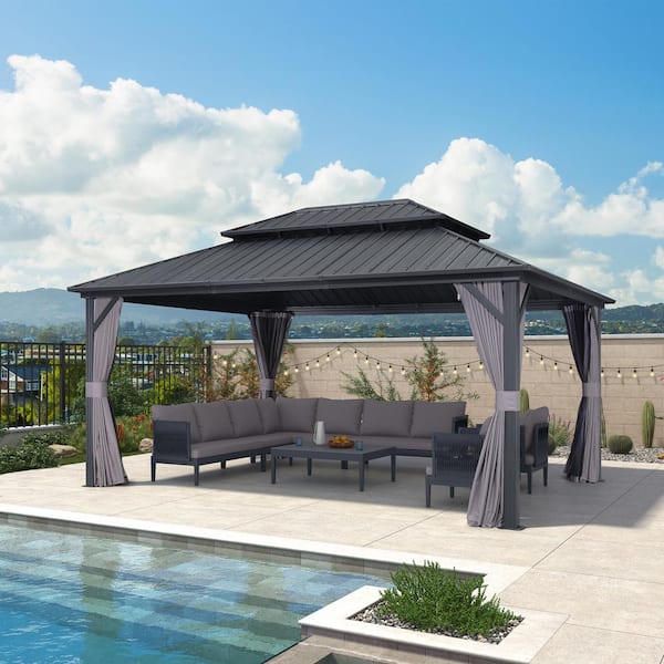 12 ft. x 16 ft. Gray Aluminum Hardtop Gazebo Canopy with Netting and Curtains