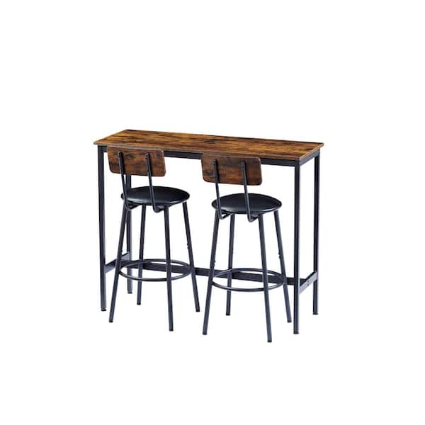 Unbranded 3-Piece Metal Outdoor Bistro Set with 2 stools, PU Soft Seat with Backrest, Black Cushions, Industry Style, Rustic Brown