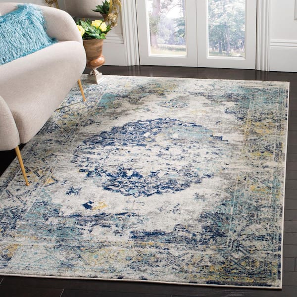 Madison Light Gray/Blue 8 ft. x 10 ft. Distressed Floral Medallion Area Rug