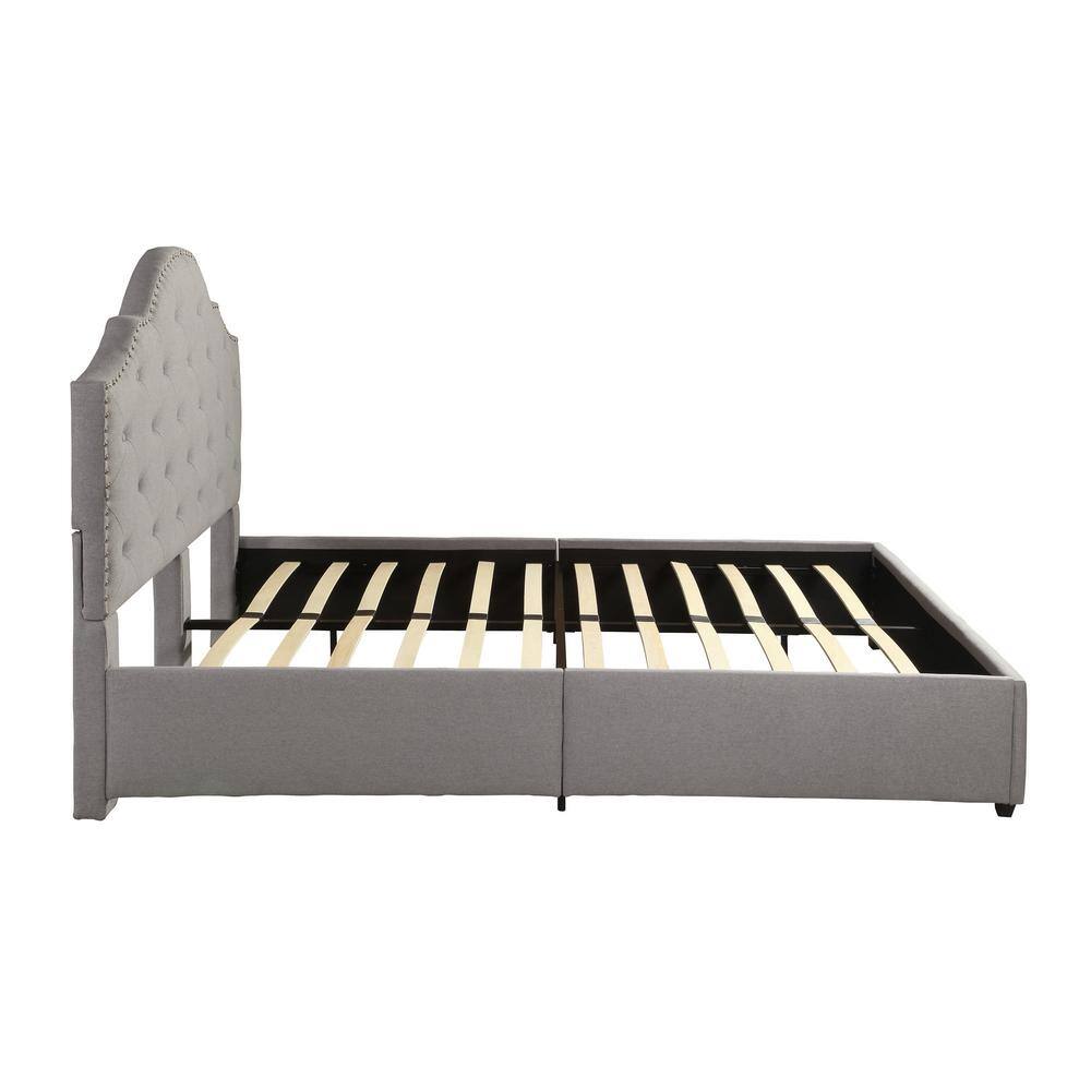 Contemporary Ash Gray Queen Platform Bed with Tufted Upholstery and Nailhead Trim