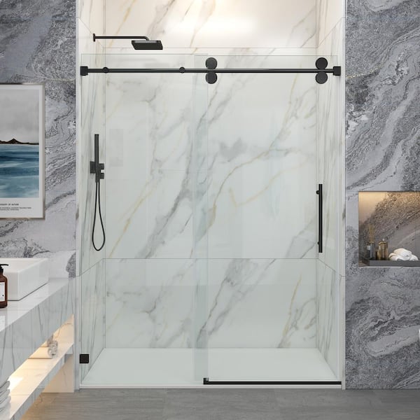 MCOCOD 61-66.5 in. W x 76 in. H Single Sliding Frameless Smooth Sliding Shower Door in Matte Black with 3/8 in. Clear Glass