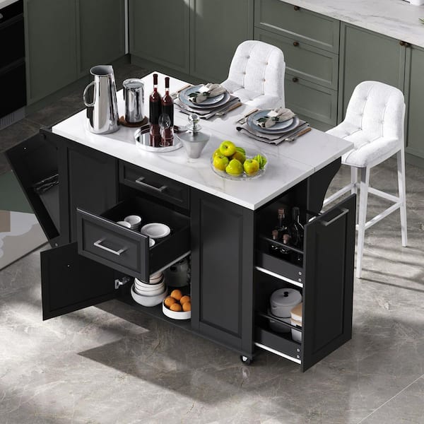 Black Wood 50.7 in. Rolling Kitchen Island with Storage Tilt Trash Can Cabinet, Drop Leaf, 2-Drawers and 5-Wheels