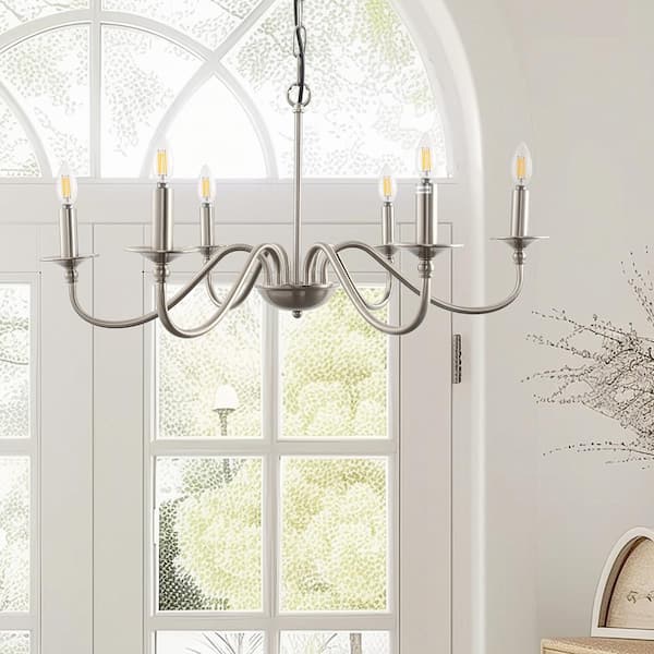 6-Light Nickel No Decorative Accents Candle Empire Chandelier for Dining Room Living Room with No Bulbs Included
