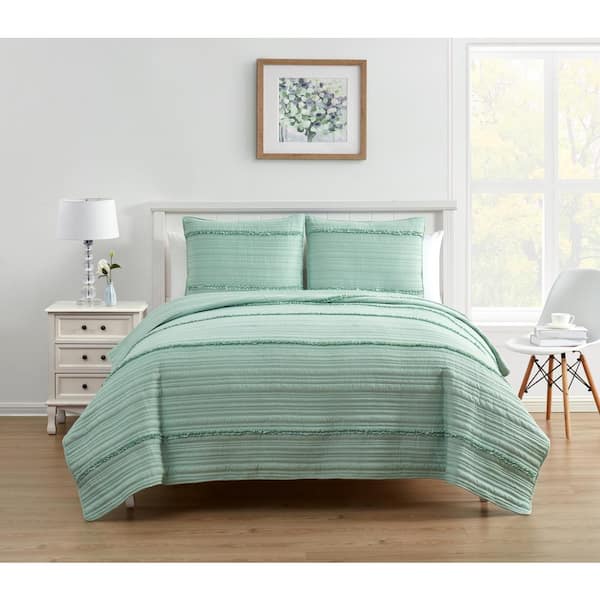 MHF Home 3-Piece Green Ruffle Full/Queen Quilt Set