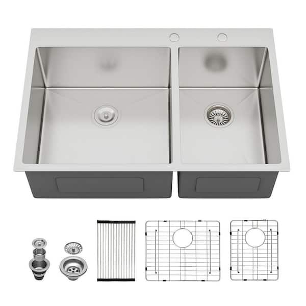 33 in. Drop-in Double Bowl (60/40) 16 Gauge Brushed Nickel Stainless Steel Kitchen Sink with Drain