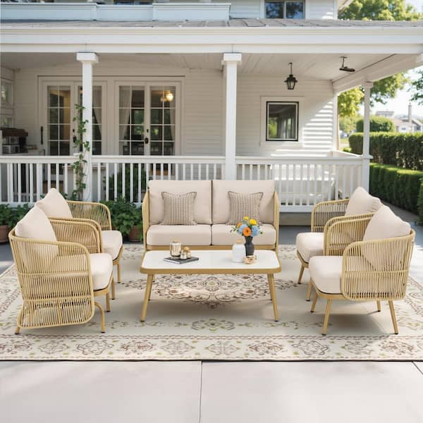 6-Piece Wicker Patio Conversation Set Outdoor Rope Glider Loveseat Chair Set with Beige Cushions