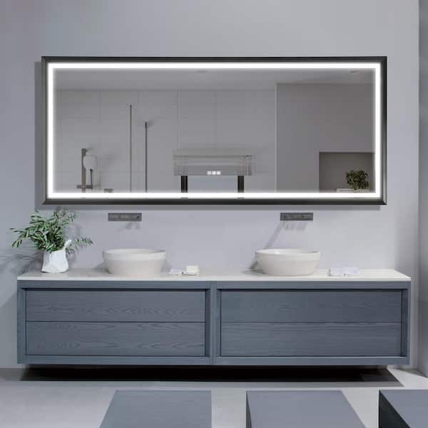 88 in. W x 38 in. H Rectangular Framed Anti-Fog Dimmable Wall Mounted LED Bathroom Vanity Mirror in Black