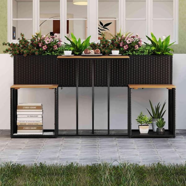 1-Piece Wicker Patio Conversation Set with Raised Garden Bed Built-in Chairs and Storage Space