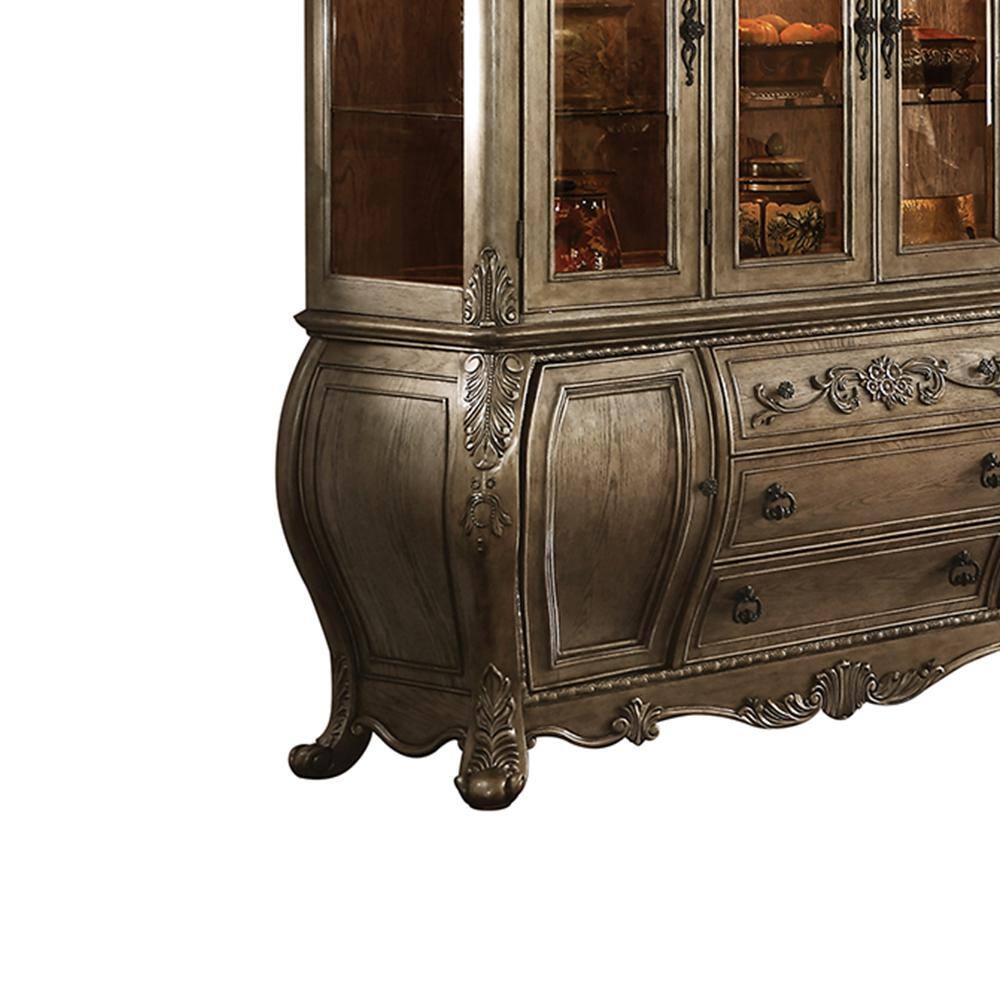 Elegant 72" Vintage Oak Lighted China Cabinet with Intricate Carvings